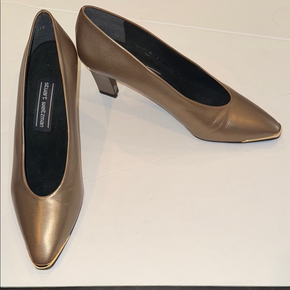 Amazing Stuart Weitzman Metallic Bronze Color with Gold Trim Hardware